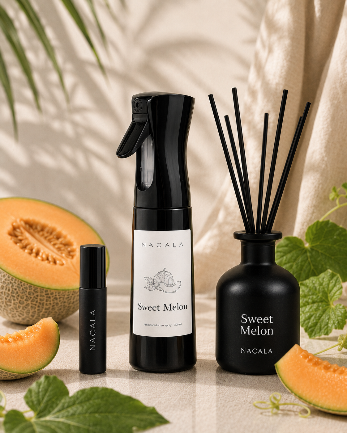 Ambientador NACALA - Sweet Melon (Spray, Coche o Mikado) - Olor Dulce a Chucherías de Melón - Fragancia Fresca y Golosa para Hogar y Habitaciones