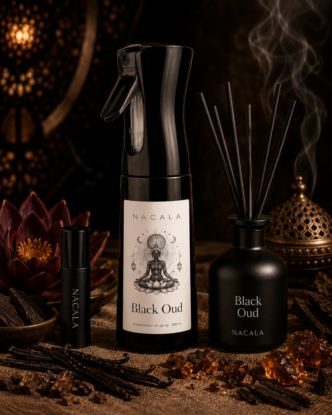 Ambientador NACALA - Black Oud (Spray, Coche o Mikado) - Aroma Amaderado Especiado con Pachulí - Fragancia de Lujo para Despachos, Oficinas y Hoteles