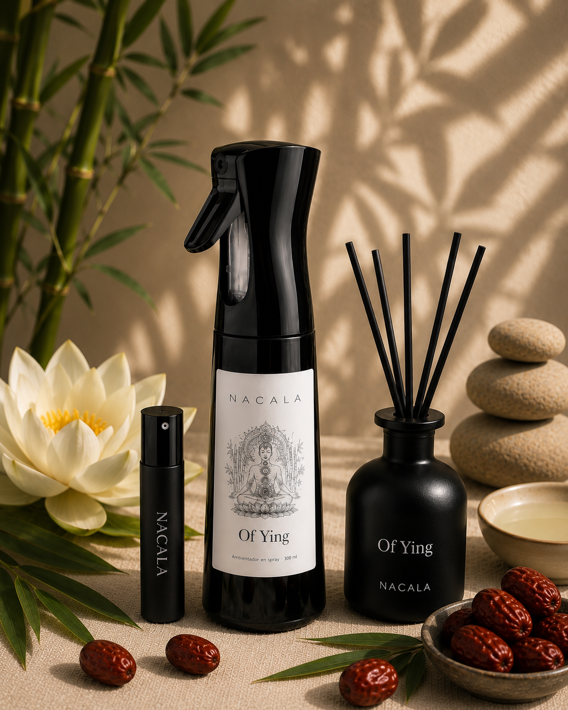 Ambientador NACALA - Of Ying (Spray, Coche o Mikado) - Aroma Zen Relajante a Flor de Loto y Azufaifo - Fragancia Fresca para Calma y Bienestar