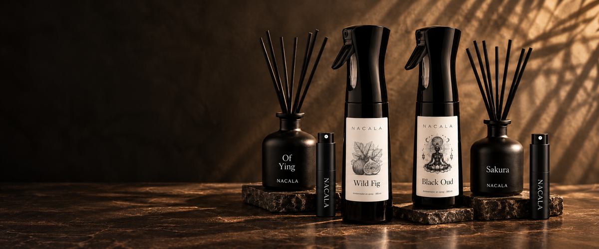Gama de ambientadores NACALA: difusores mikado Of Ying y Sakura, sprays Wild Fig y Black Oud, y ambientadores de coche sobre marmol oscuro